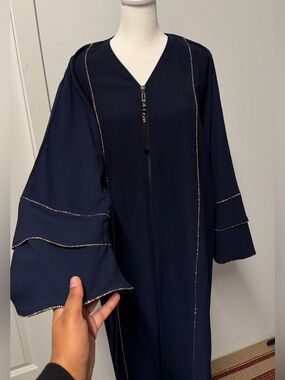 New Saudi Arabian Navy Blue Abaya with Matching Hijab Gold Trim Bell Sleeves